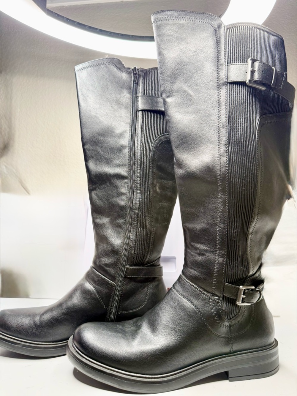 Women's Tall Black Leather Riding Boots with Buckle Detail- PRELOVED NB Size 8W